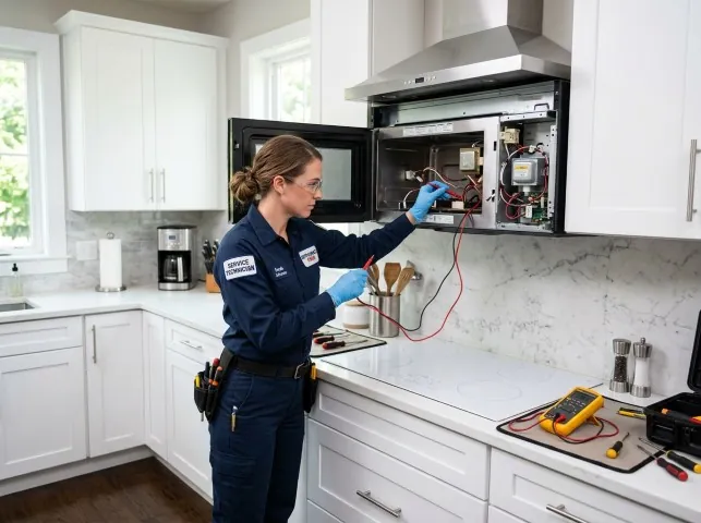 Appliance Repair Hero technician testing an over-the-range microwave in a Akron, PA kitchen